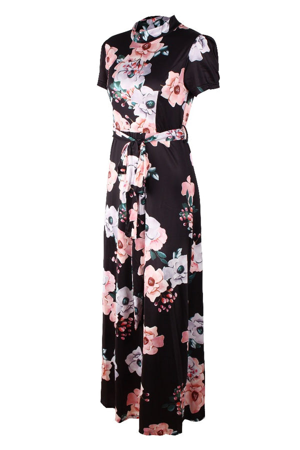 Women Maxi Dress O-Neck Short Sleeve  - Black