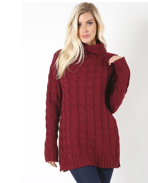 Cable Knit Sweater with turtleneck and side slits