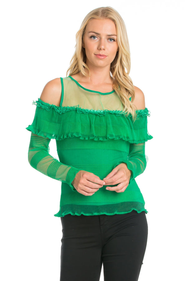 Cold Shoulder Knit Top with Ruffles Green