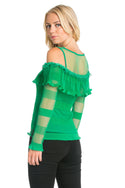 Cold Shoulder Knit Top with Ruffles Green