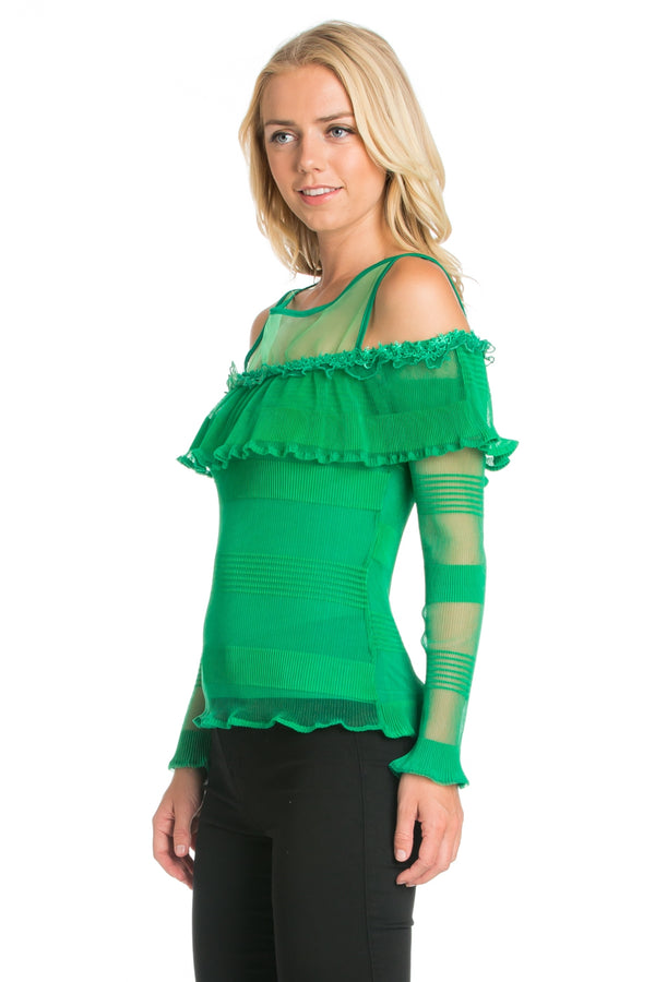 Cold Shoulder Knit Top with Ruffles Green