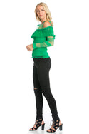 Cold Shoulder Knit Top with Ruffles Green