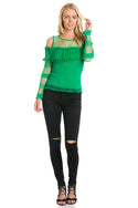 Cold Shoulder Knit Top with Ruffles Green