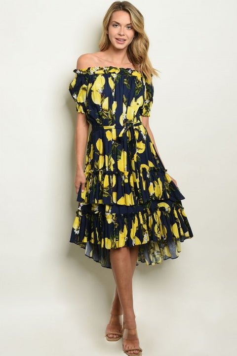 lemon print off the shoulder dress Short sleeve off the shoulder lemon print dress - Navy $19.99