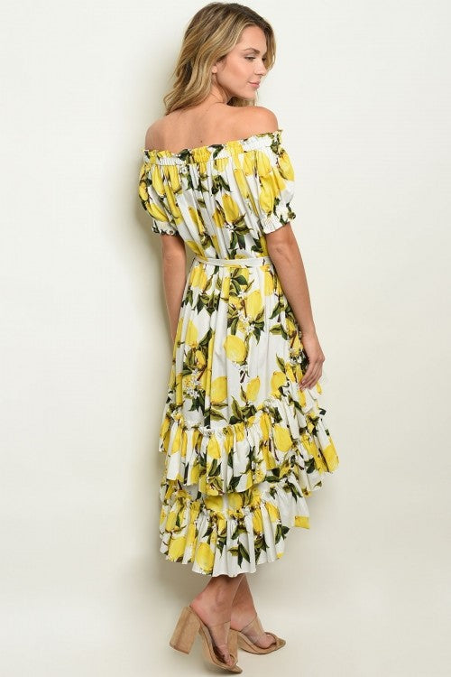 Short sleeve off the shoulder lemon print dress - White