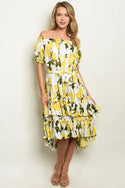 Short sleeve off the shoulder lemon print dress - White