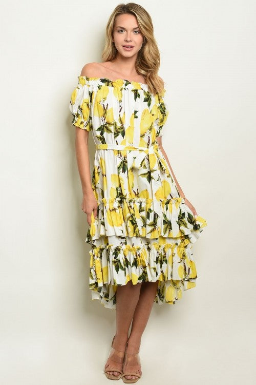 Short sleeve off the shoulder lemon print dress - White