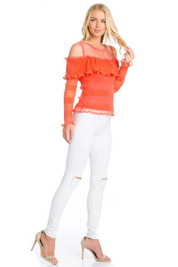 Cold Shoulder Knit Top with Ruffle Orange