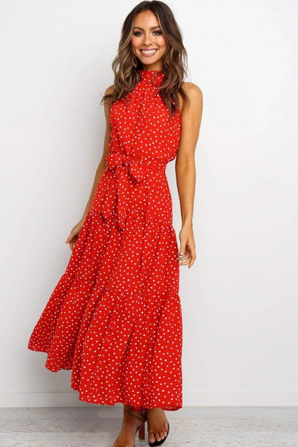 Maxi Dotted Sleeveless Dress - Red