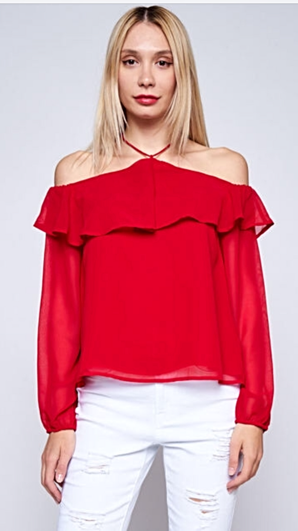 Red Long Sleeve off Shoulder Top with Over Layer