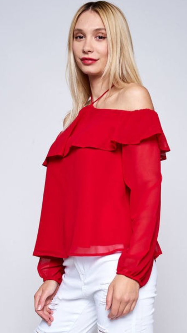 Red Long Sleeve off Shoulder Top with Over Layer