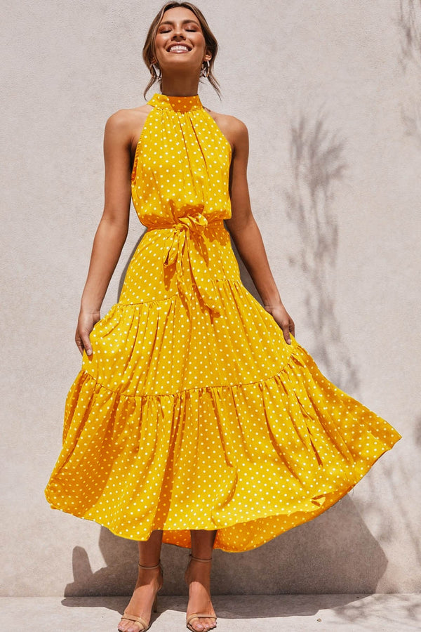Maxi Dotted Sleeveless Dress - Yellow