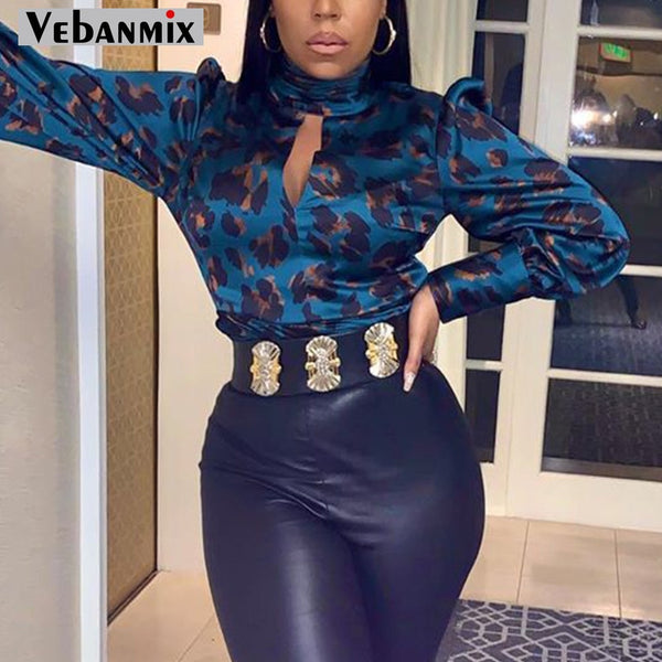 Turtleneck Key Hole Satin Long Sleeve Blouse