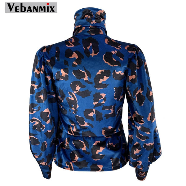 Turtleneck Key Hole Satin Long Sleeve Blouse