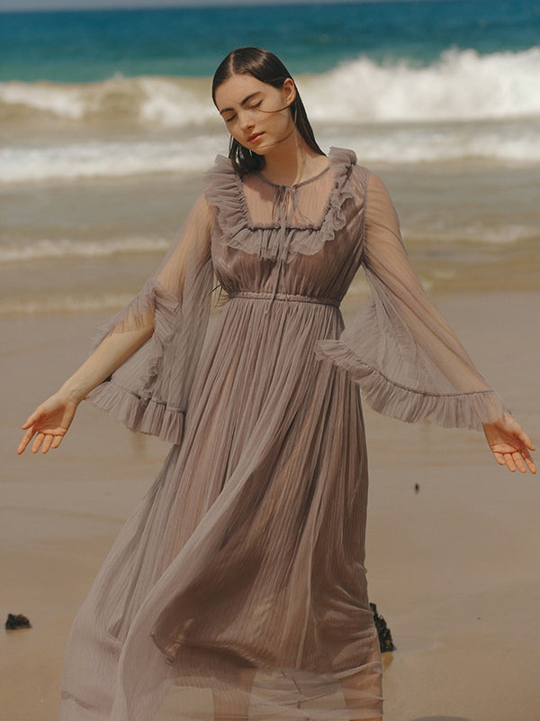 Spring Women Vintage Mesh Bohemian Maxi Dress