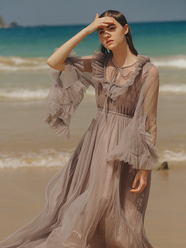 Spring Women Vintage Mesh Bohemian Maxi Dress