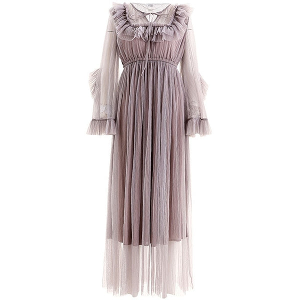 Spring Women Vintage Mesh Bohemian Maxi Dress
