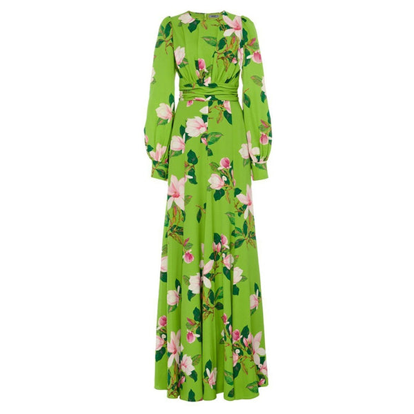 Green Chiffon Floral Printed Maxi Dress