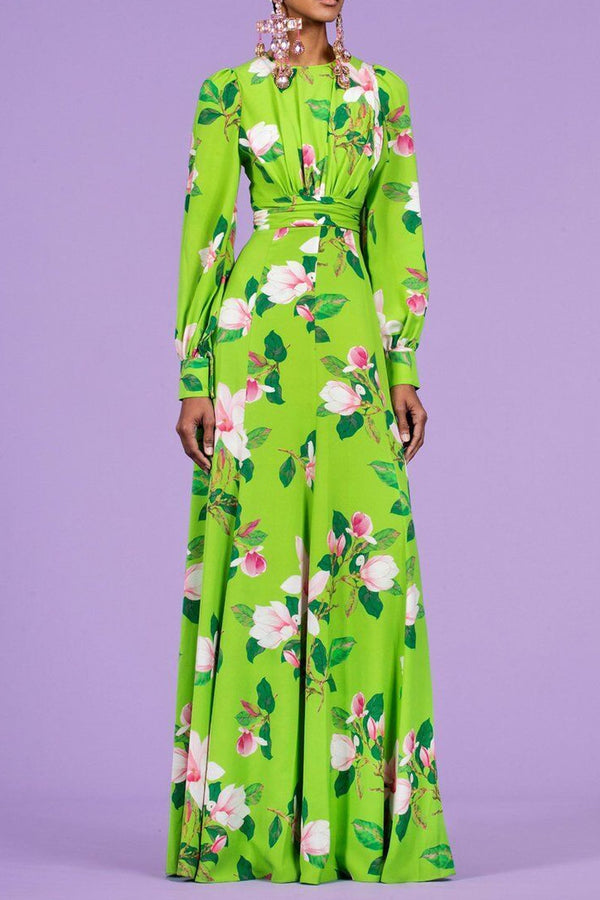 Green Chiffon Floral Printed Maxi Dress
