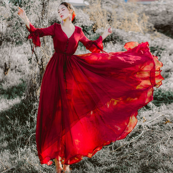 Red Vintage Chiffon Maxi Dress