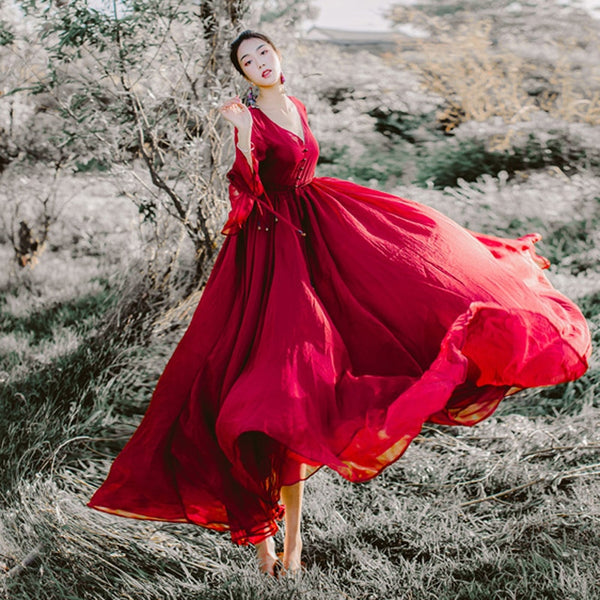 Red Vintage Chiffon Maxi Dress